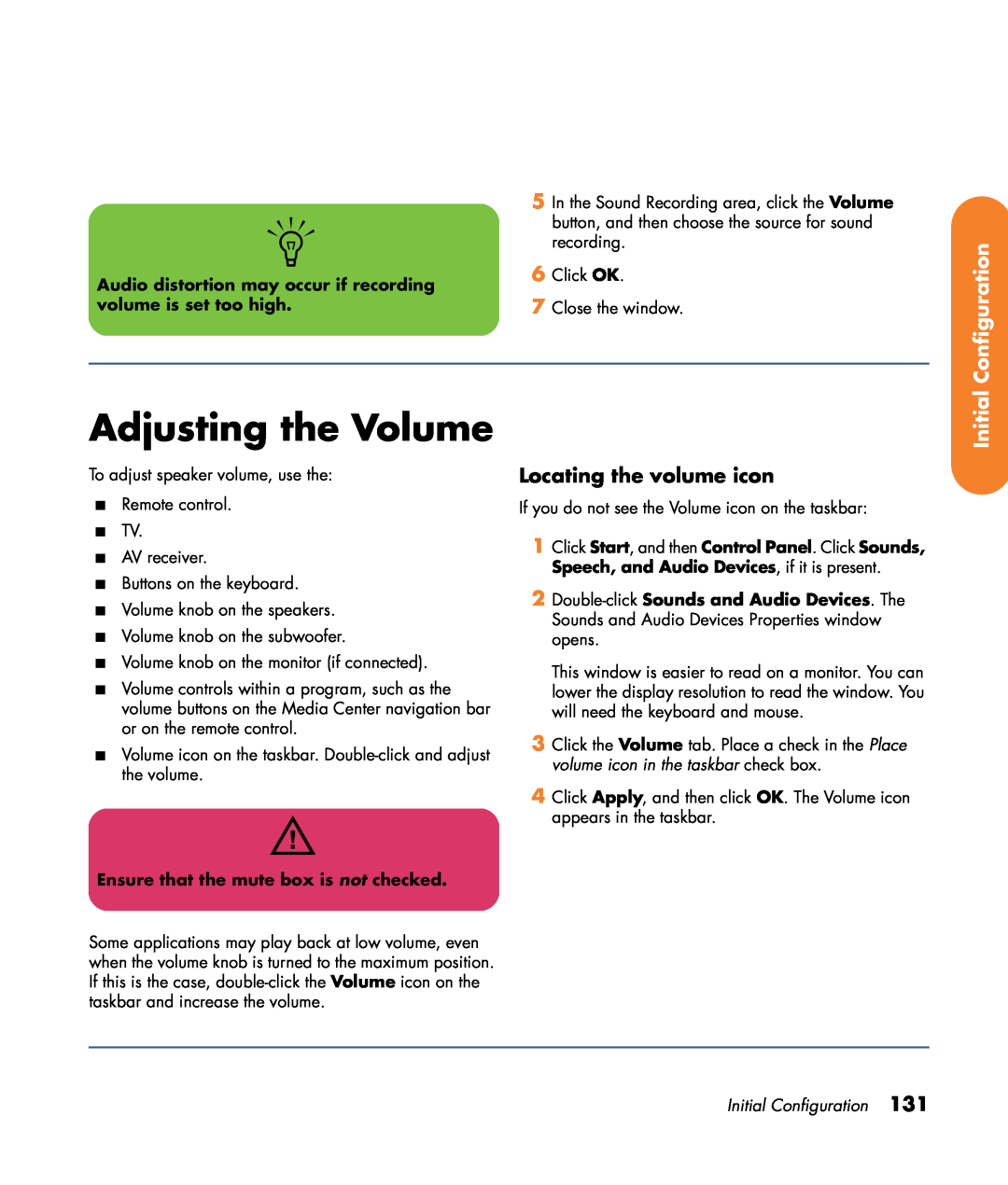 HP z552 Adjusting the Volume, Configuration, Initial, Locating the volume icon, Ensure that the mute box is not checked 