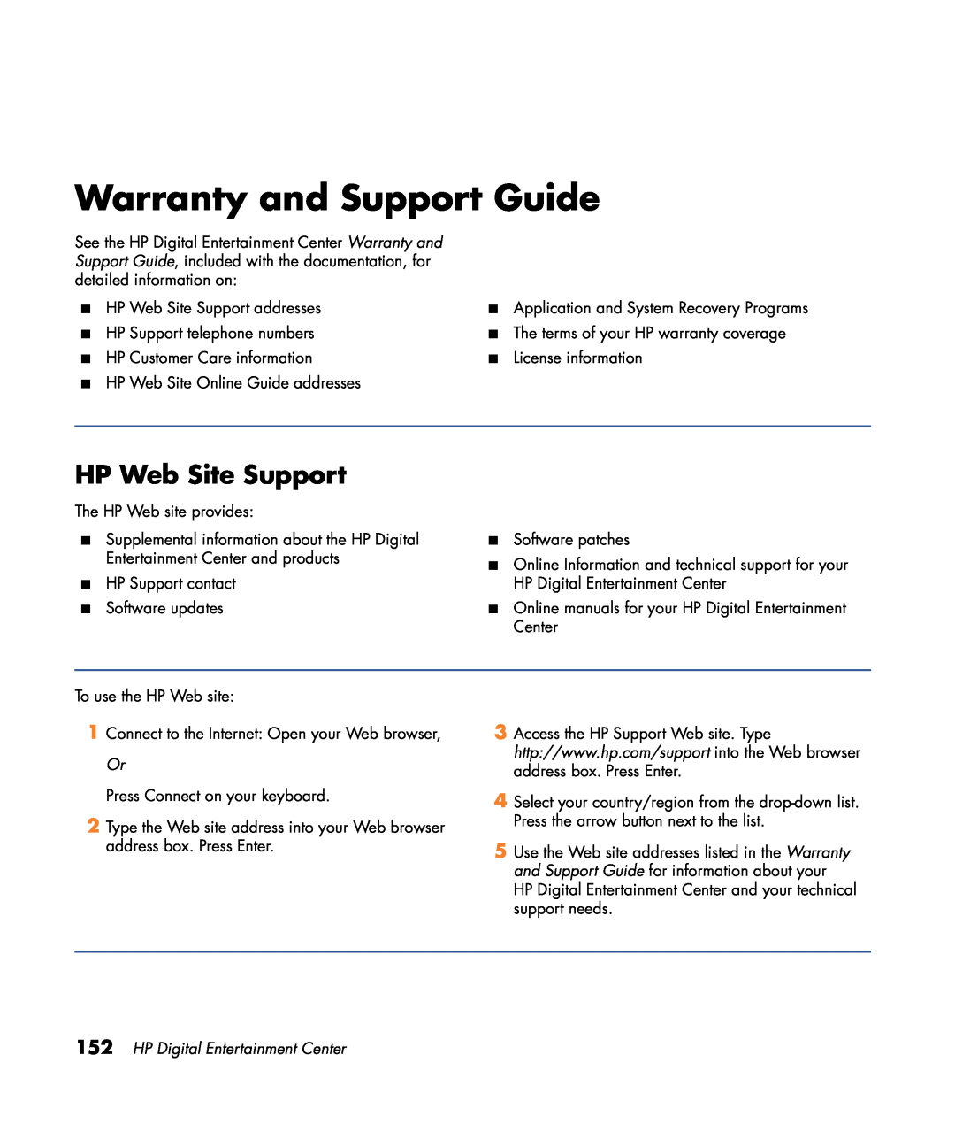 HP z545, z557, z555, z552, z540 manual Warranty and Support Guide, HP Web Site Support, HP Digital Entertainment Center 