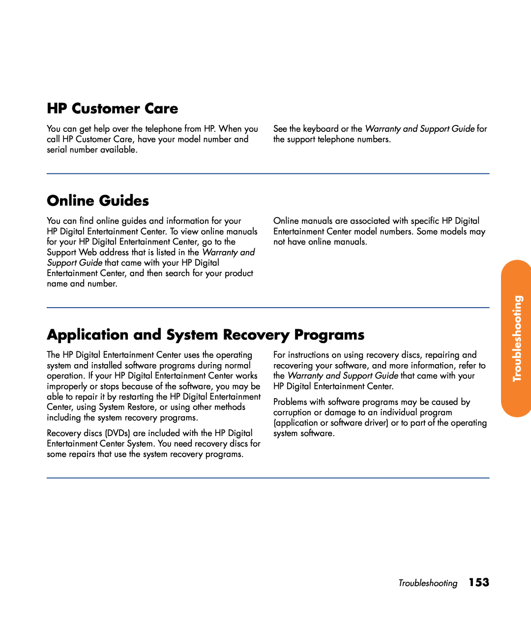 HP z540, z557, z555, z552, z545 HP Customer Care, Online Guides, Application and System Recovery Programs, Troubleshooting 
