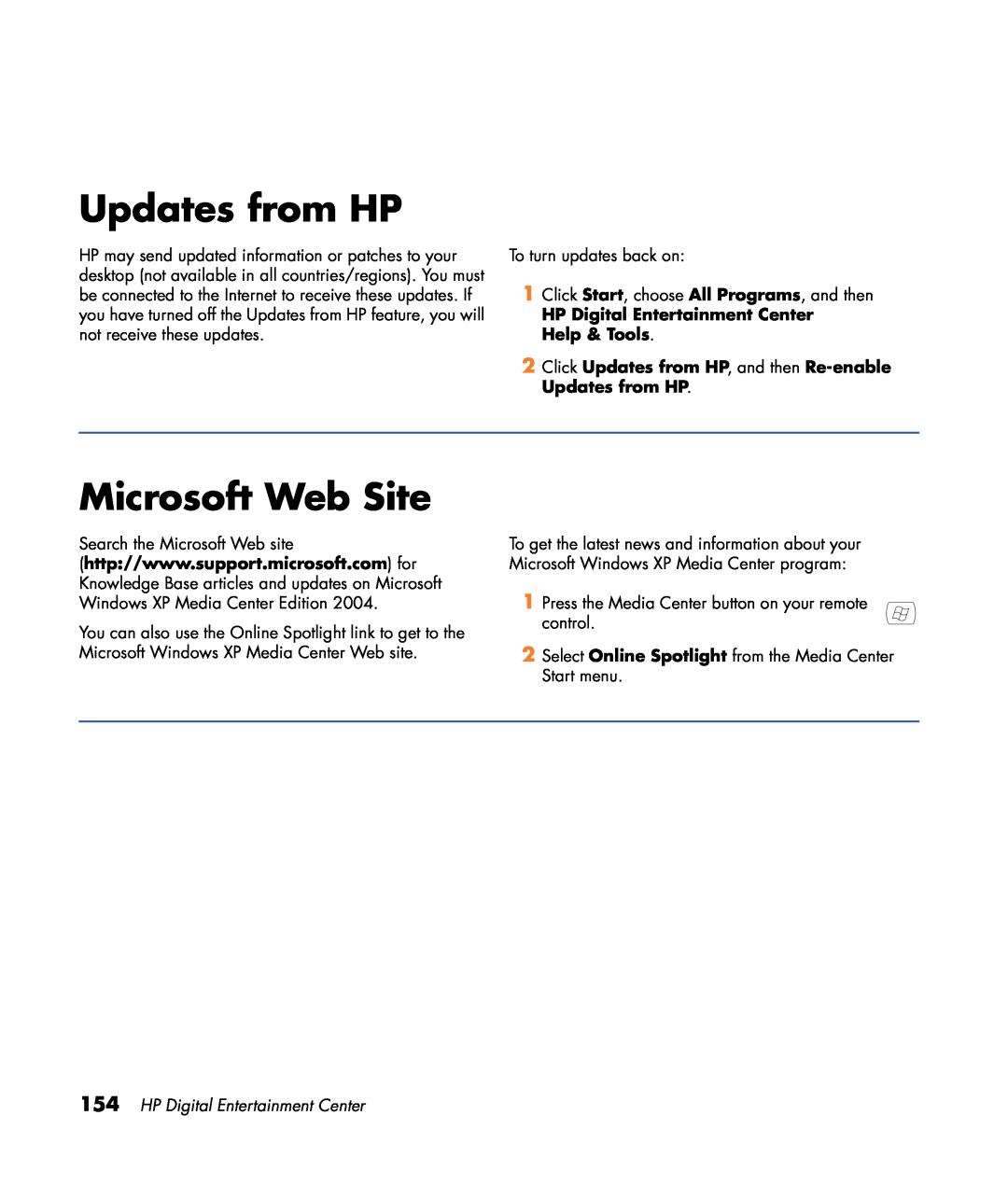 HP z557, z555, z552, z545, z540 manual Updates from HP, Microsoft Web Site, HP Digital Entertainment Center, Help & Tools 