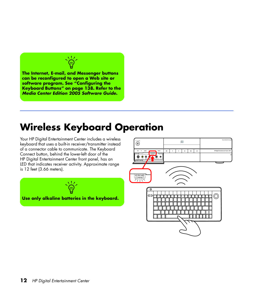 HP z545, z557 Wireless Keyboard Operation, Use only alkaline batteries in the keyboard, HP Digital Entertainment Center 