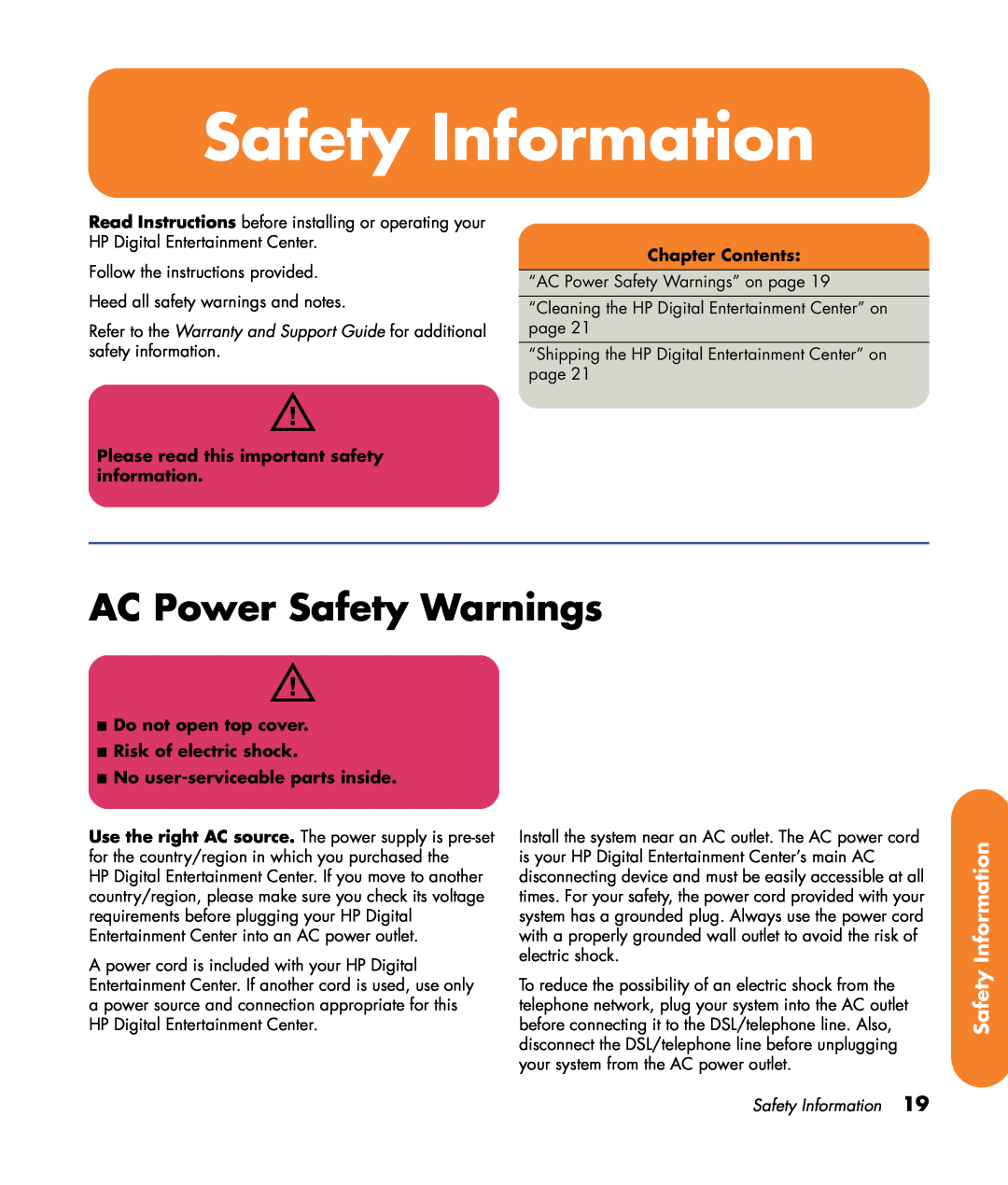 HP z557 Safety Information, AC Power Safety Warnings, Chapter Contents, Please read this important safety information 