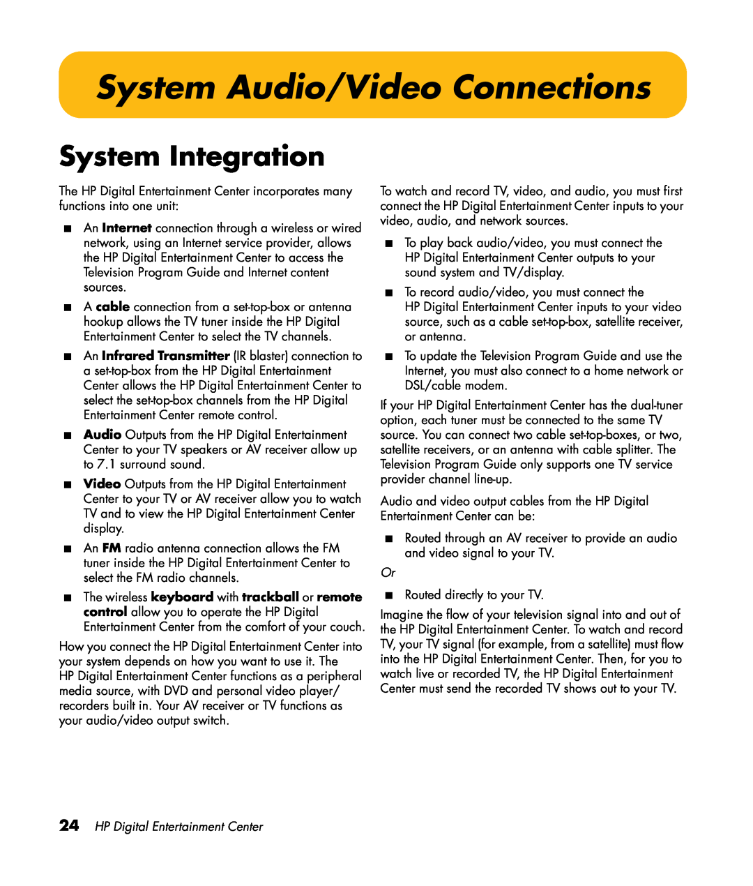 HP z557, z555, z552, z545, z540 manual System Audio/Video Connections, System Integration, HP Digital Entertainment Center 
