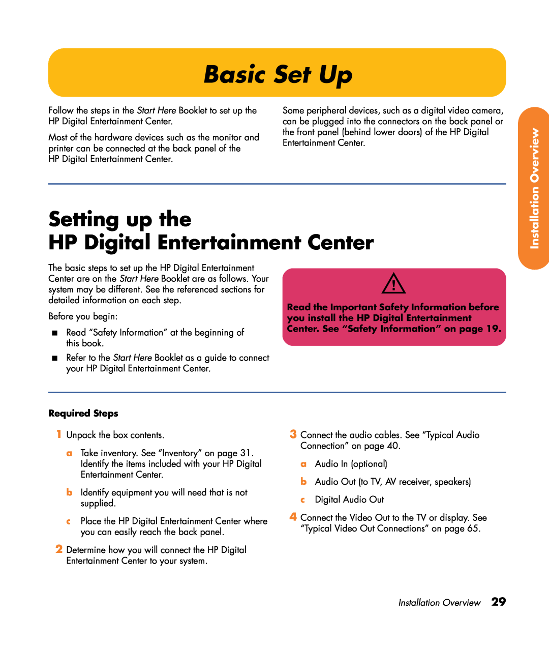 HP z557, z555, z552 Basic Set Up, Setting up the HP Digital Entertainment Center, Overview, Installation, Required Steps 