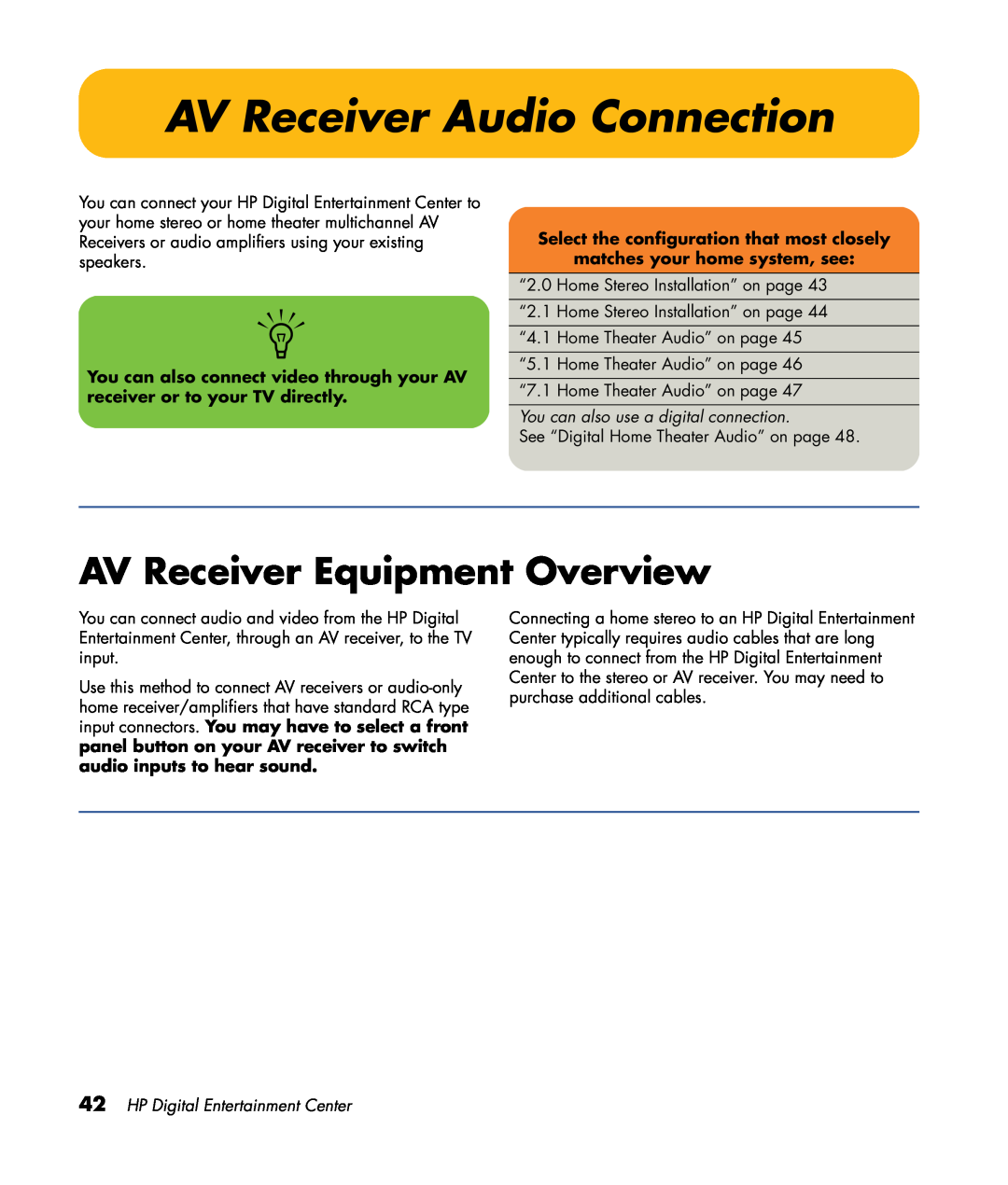 HP z545, z557 AV Receiver Audio Connection, AV Receiver Equipment Overview, Select the configuration that most closely 