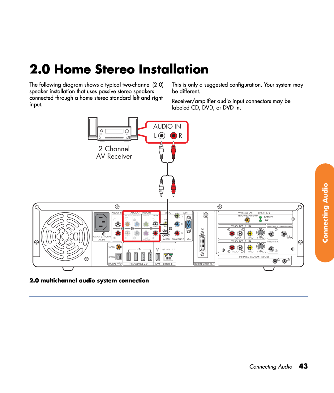 HP z540, z557, z555, z552, z545 manual Home Stereo Installation, Channel AV Receiver, Audio In L R, Connecting Audio 