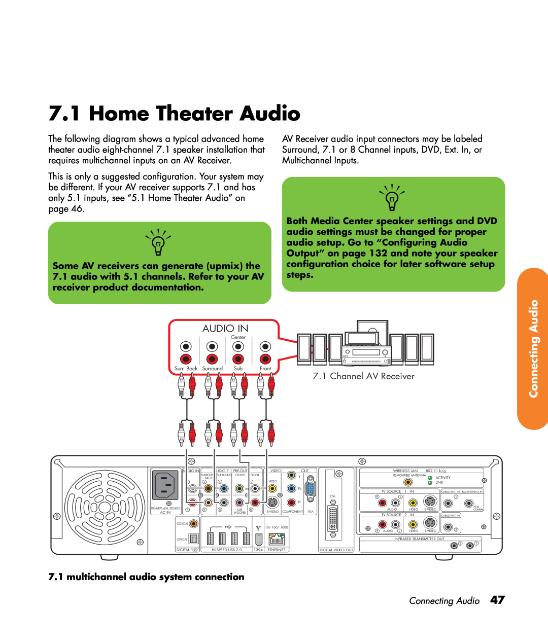 HP z545, z557, z555, z552, z540 manual Home Theater Audio, Connecting Audio, Audio In, Some AV receivers can generate upmix the 