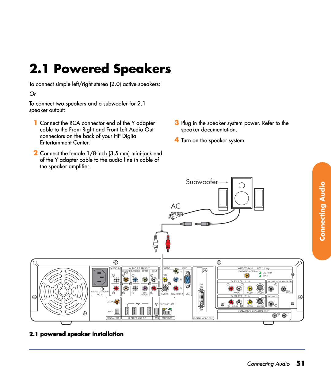 HP z552, z557, z555, z545, z540 manual Powered Speakers, Subwoofer AC, Connecting Audio, powered speaker installation 