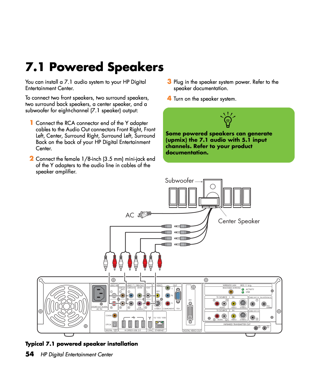 HP z557, z555, z552, z545, z540 manual Powered Speakers, Subwoofer, AC Center Speaker, Typical 7.1 powered speaker installation 