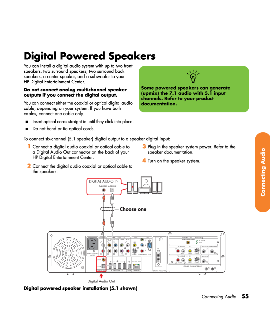 HP z555, z557, z552 Digital Powered Speakers, Connecting Audio, Choose one, Digital powered speaker installation 5.1 shown 