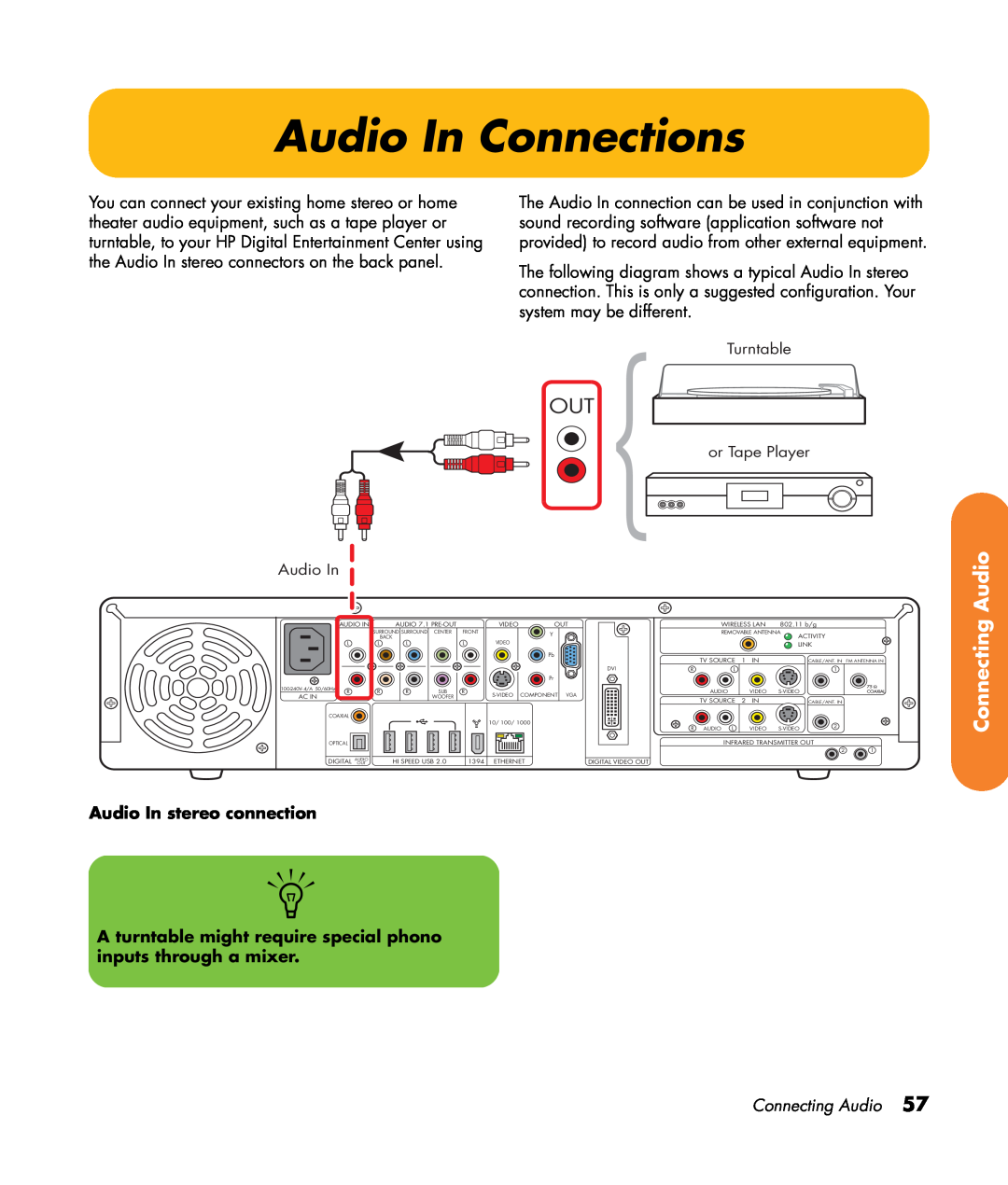 HP z545, z557, z555, z552, z540 manual Audio In Connections, Audio In stereo connection, Connecting Audio 