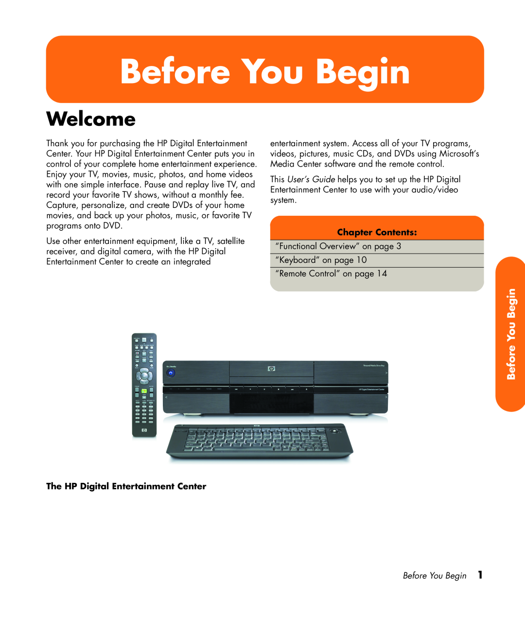 HP z552, z557, z555, z545, z540 manual Before You Begin, Welcome, Chapter Contents, The HP Digital Entertainment Center 