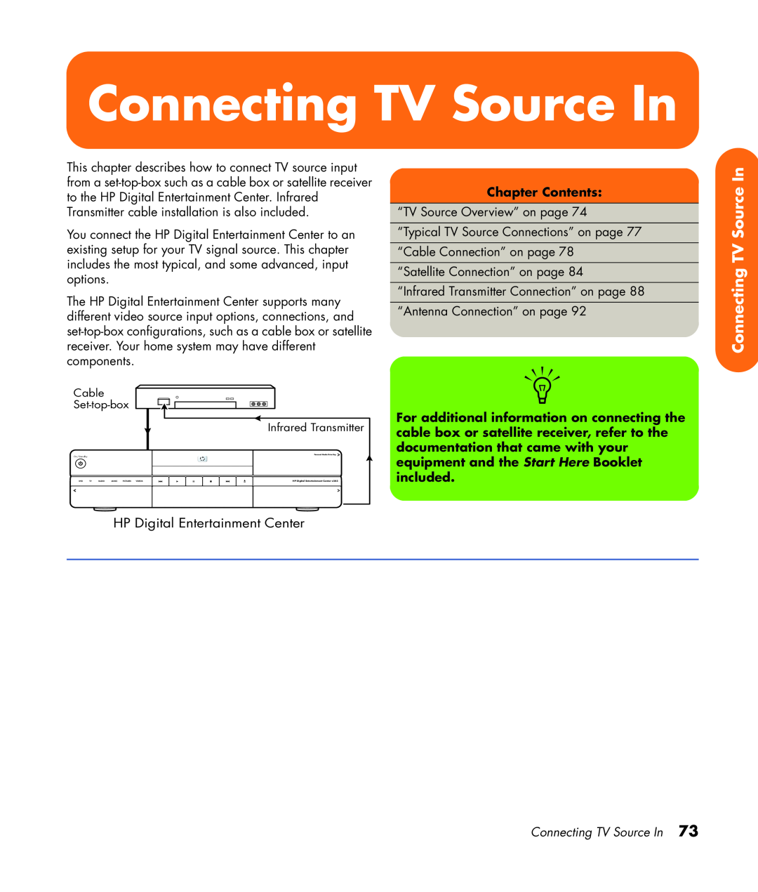 HP z540, z557, z555, z552, z545 manual Connecting TV Source In, HP Digital Entertainment Center, Chapter Contents 