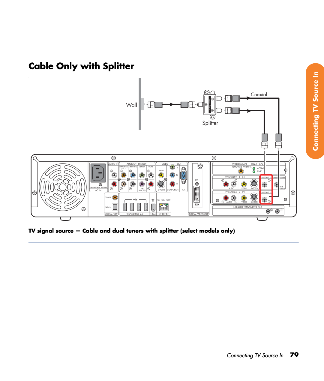 HP z557, z555, z552, z545, z540 manual Cable Only with Splitter, Connecting TV Source In, Wall, Coaxial 
