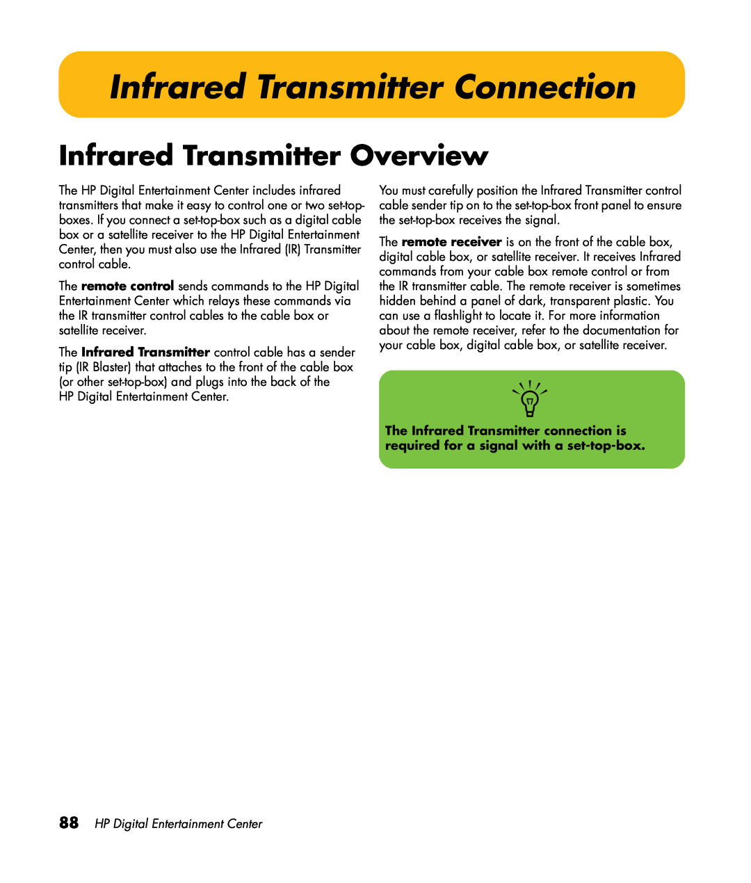 HP z540, z557, z555, z552 Infrared Transmitter Connection, Infrared Transmitter Overview, HP Digital Entertainment Center 