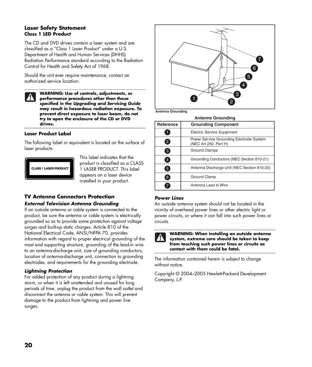 HP z558, z556 manual Laser Safety Statement, TV Antenna Connectors Protection, Class 1 LED Product, Laser Product Label 