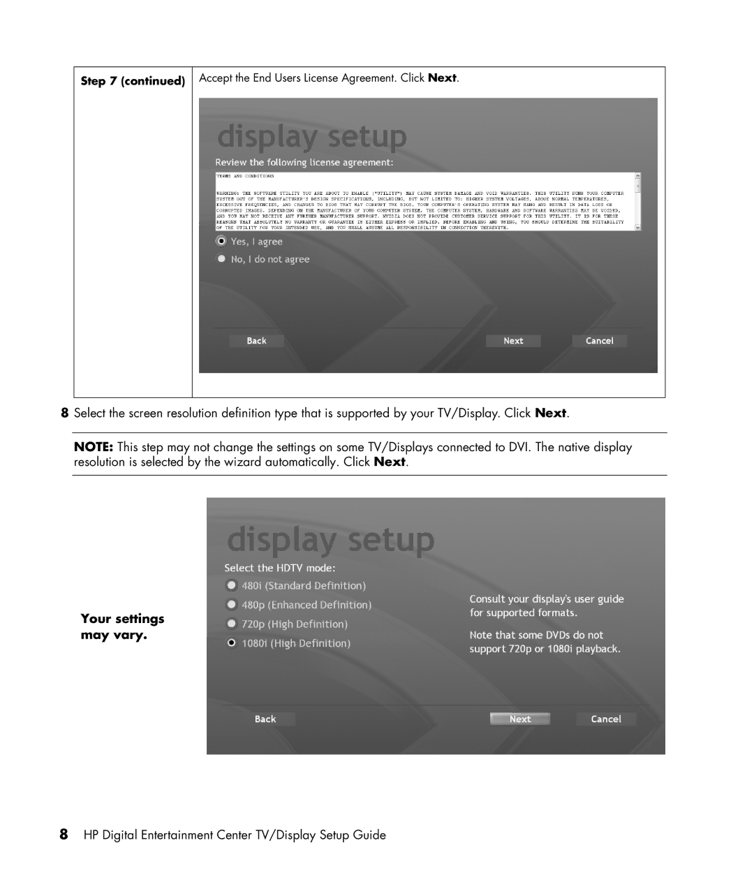 HP z558, z556 manual Your settings may vary 