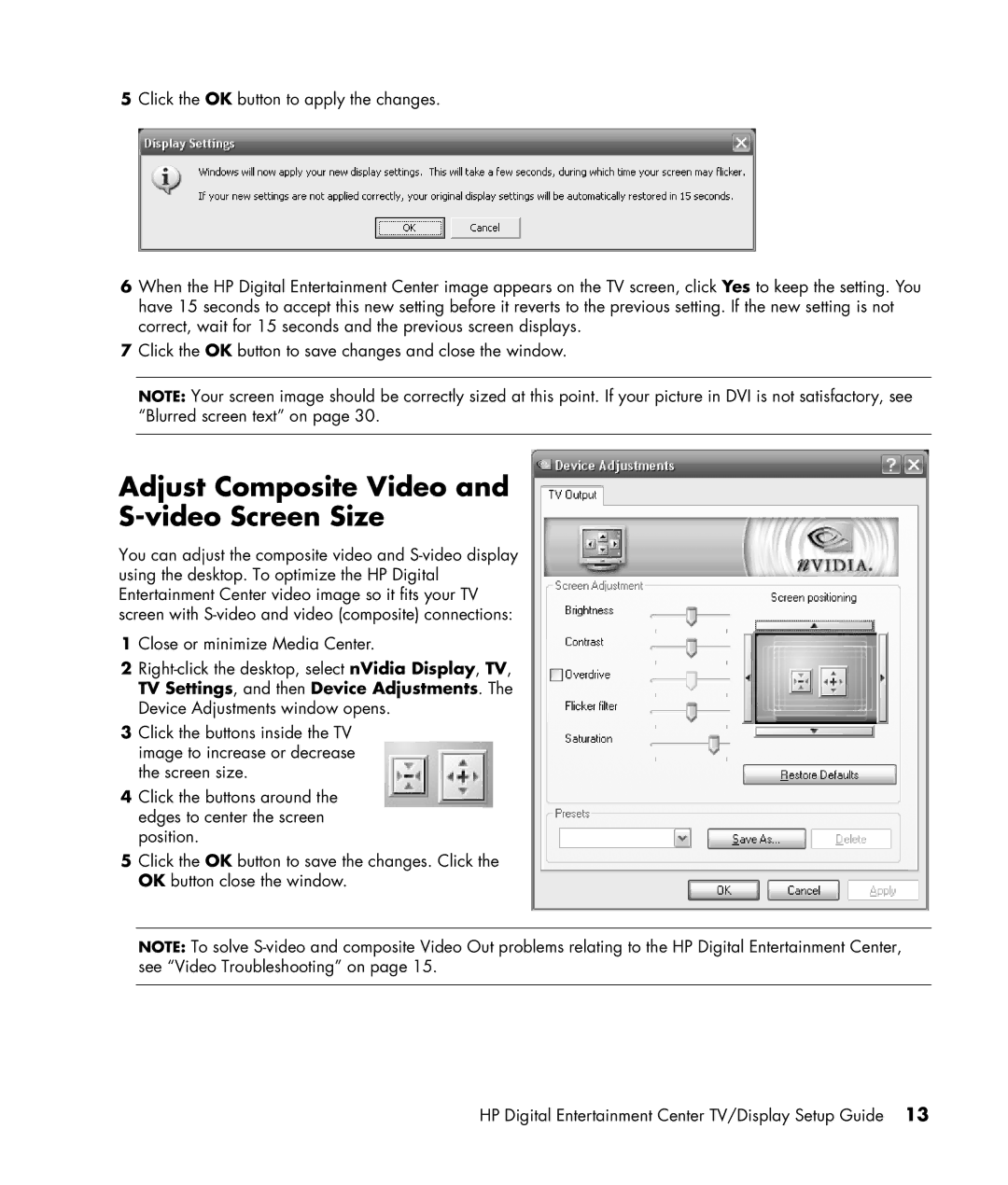 HP z556, z558 manual Adjust Composite Video Video Screen Size 