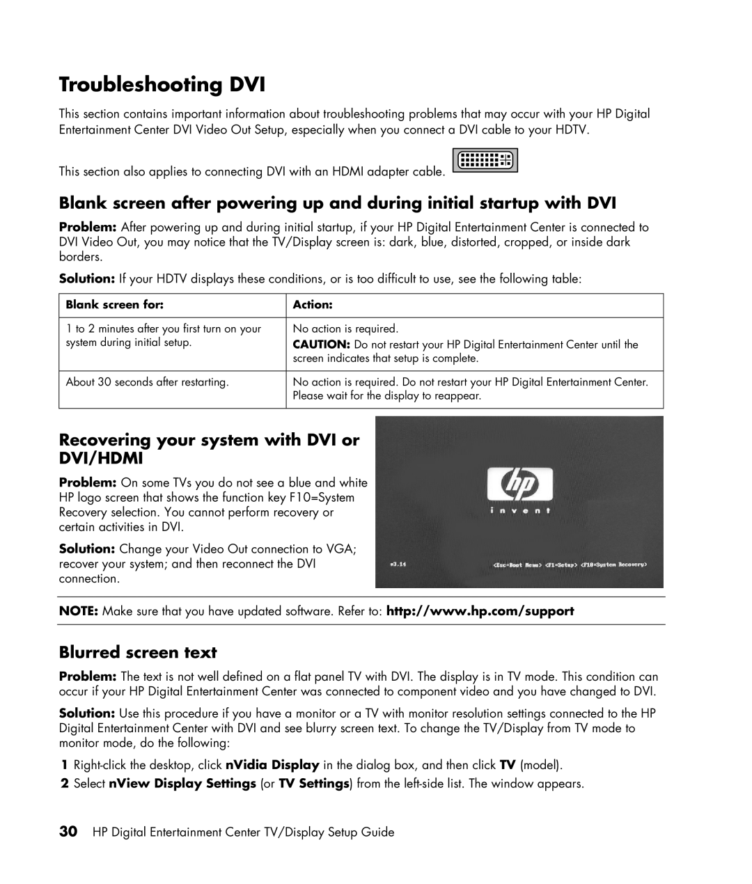 HP z558, z556 manual Troubleshooting DVI, Recovering your system with DVI or, Blurred screen text, Blank screen for Action 