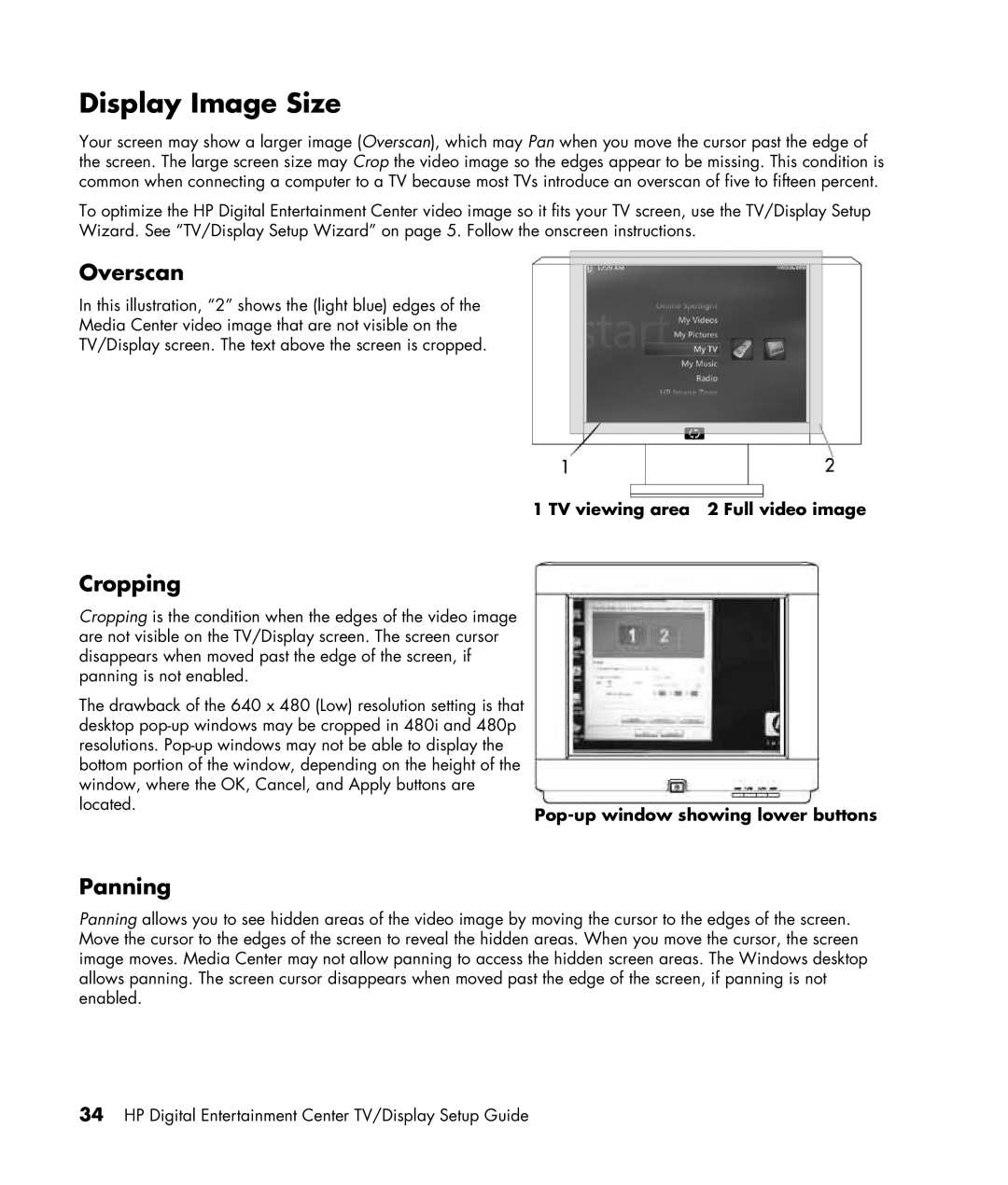 HP z558, z556 manual Display Image Size, Overscan, Cropping, Panning 