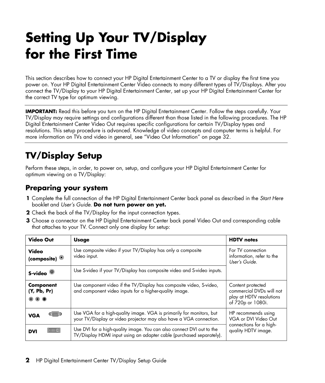 HP z558, z556 manual Setting Up Your TV/Display for the First Time, TV/Display Setup, Preparing your system 