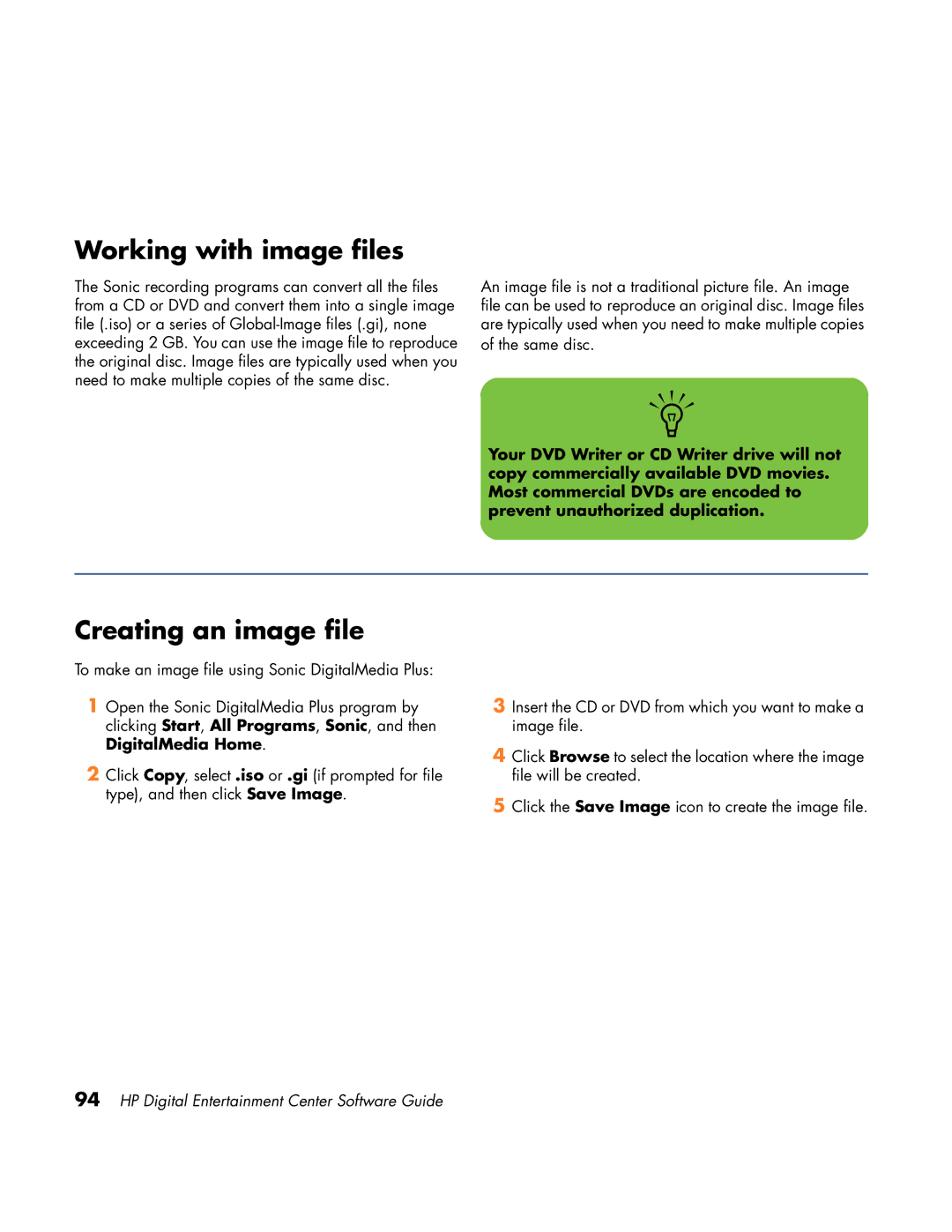 HP z558 manual Working with image files, Creating an image file 