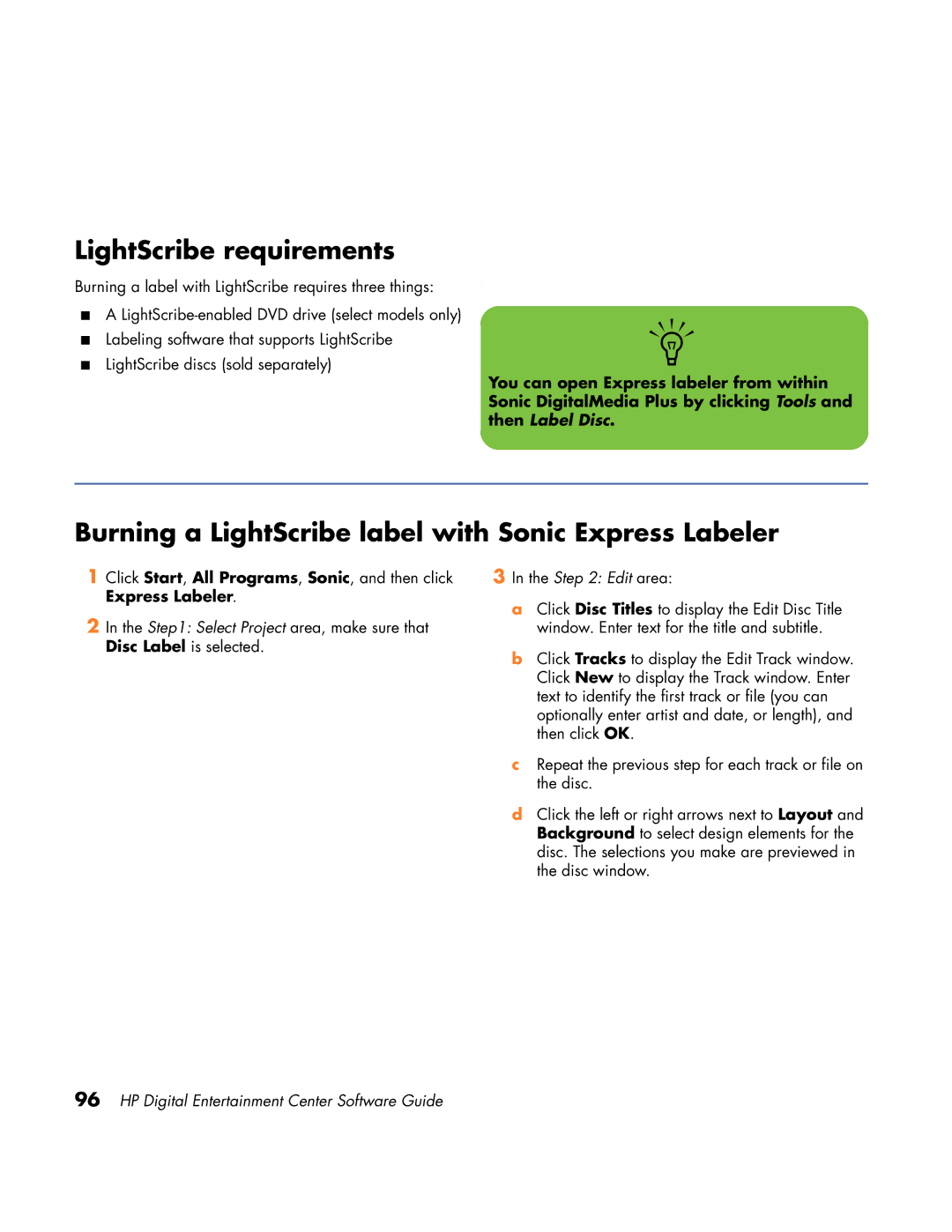 HP z558 manual LightScribe requirements, Burning a LightScribe label with Sonic Express Labeler 