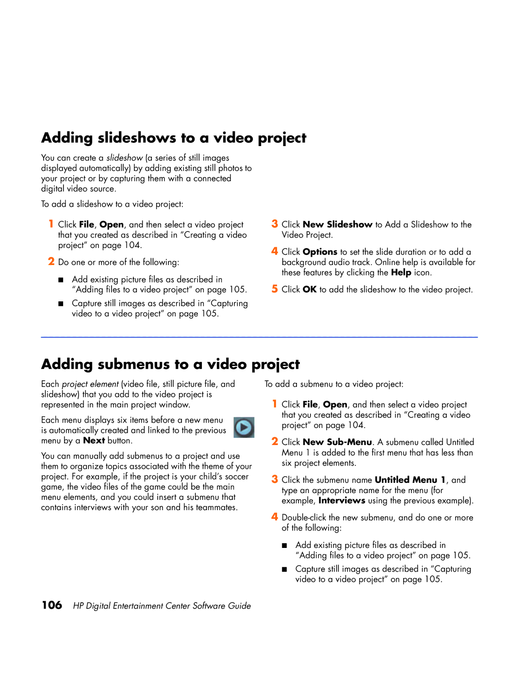 HP z558 manual Adding slideshows to a video project, Adding submenus to a video project 