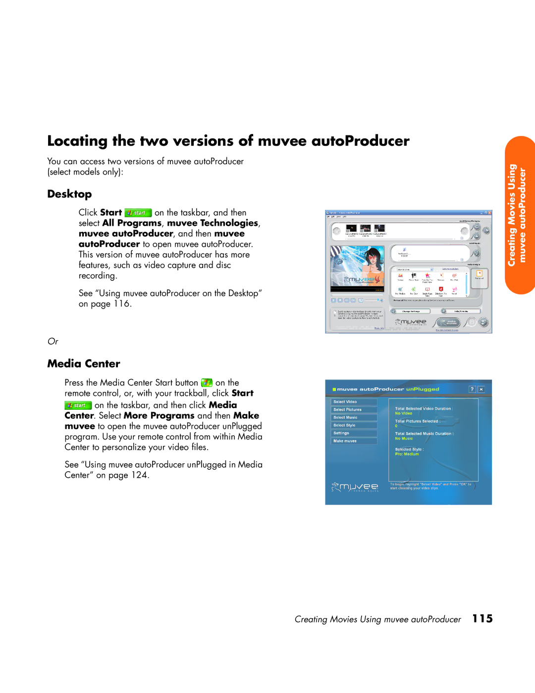 HP z558 manual Locating the two versions of muvee autoProducer, Desktop 