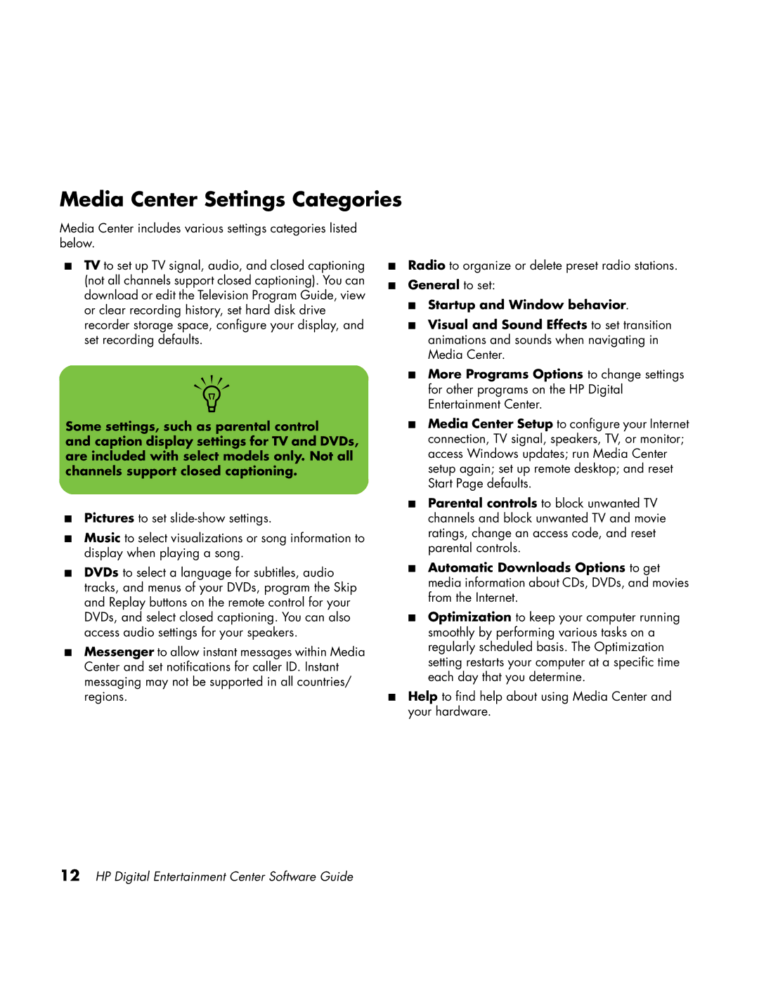 HP z558 manual Media Center Settings Categories 