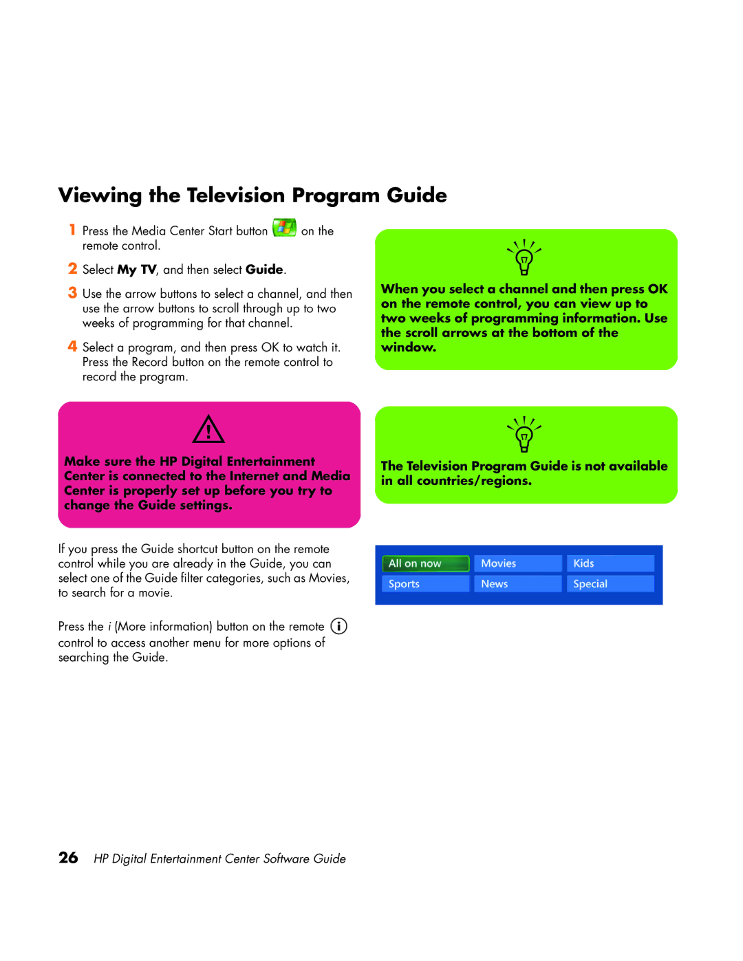 HP z558 manual Viewing the Television Program Guide 