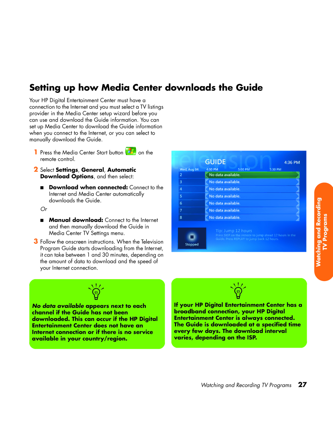 HP z558 manual Setting up how Media Center downloads the Guide 