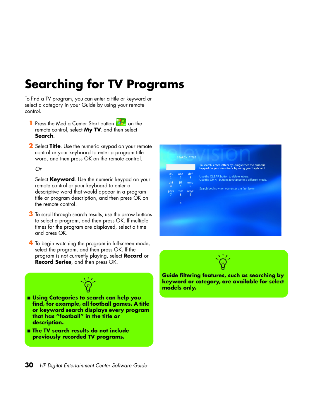 HP z558 manual Searching for TV Programs 