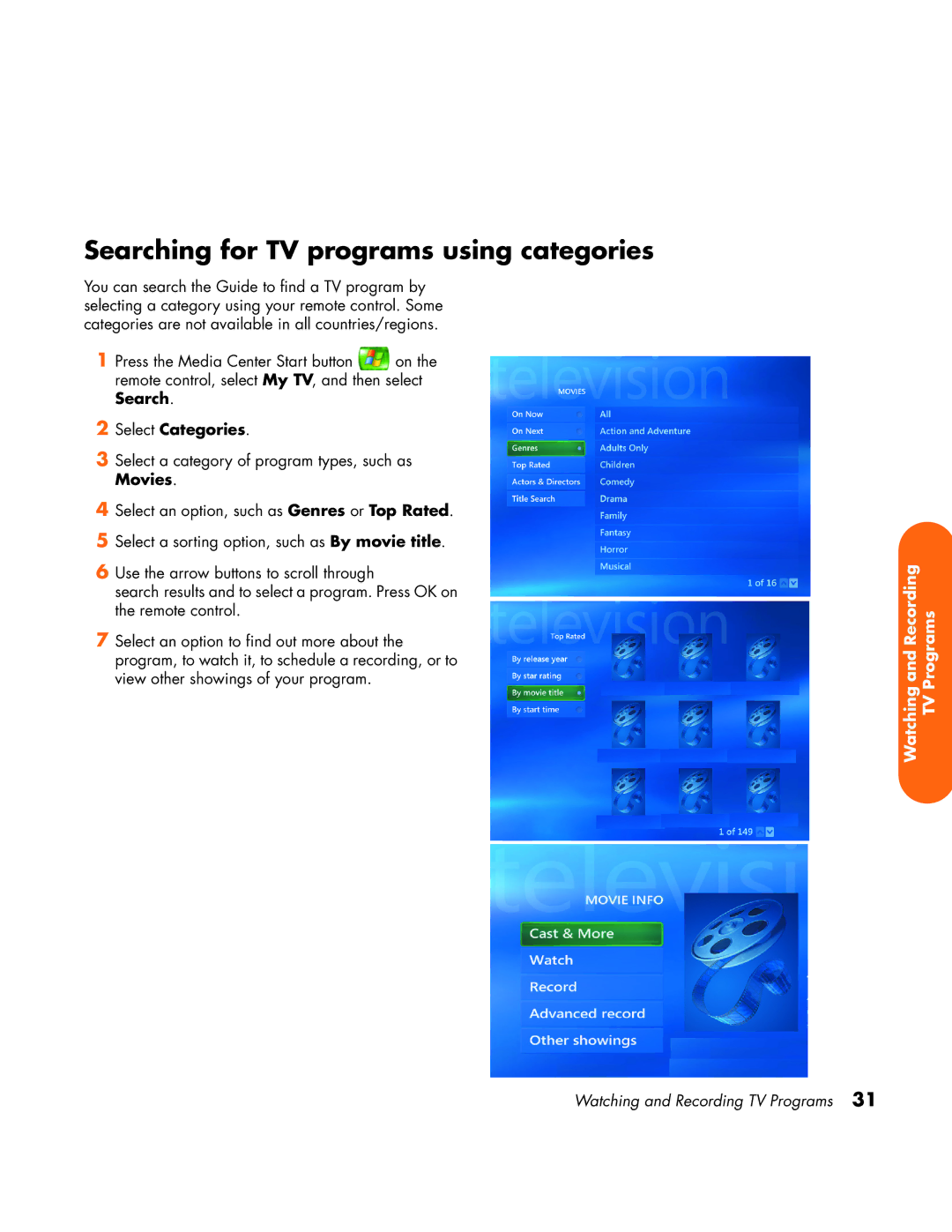 HP z558 manual Searching for TV programs using categories, Select Categories 