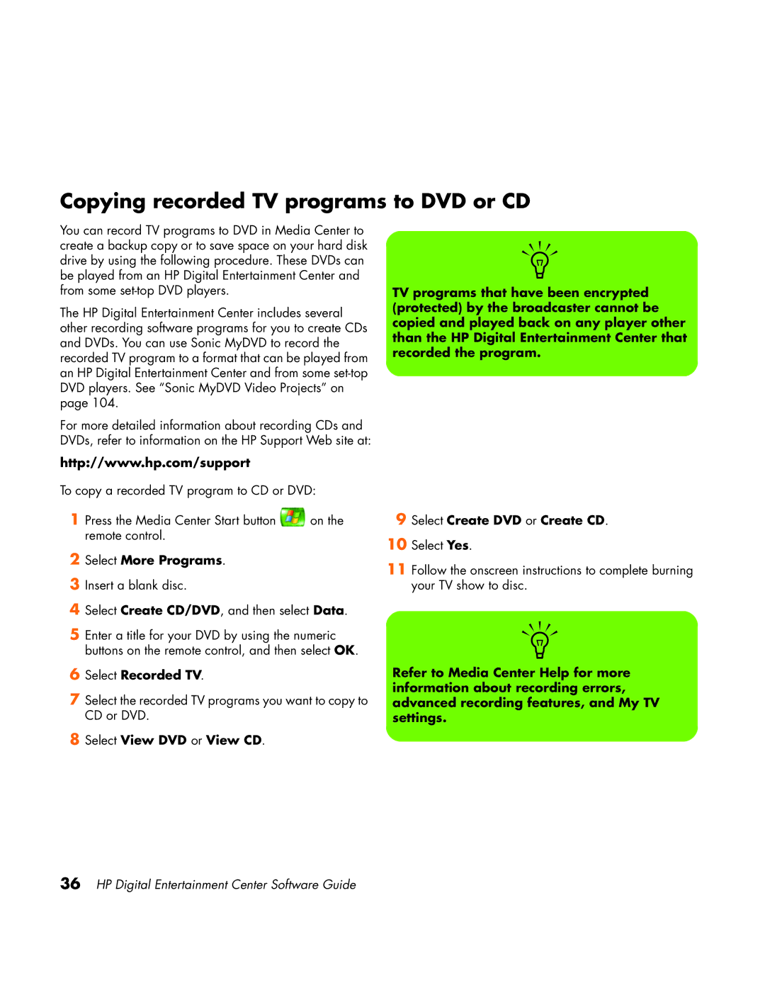 HP z558 manual Copying recorded TV programs to DVD or CD, Select More Programs, Select Recorded TV 