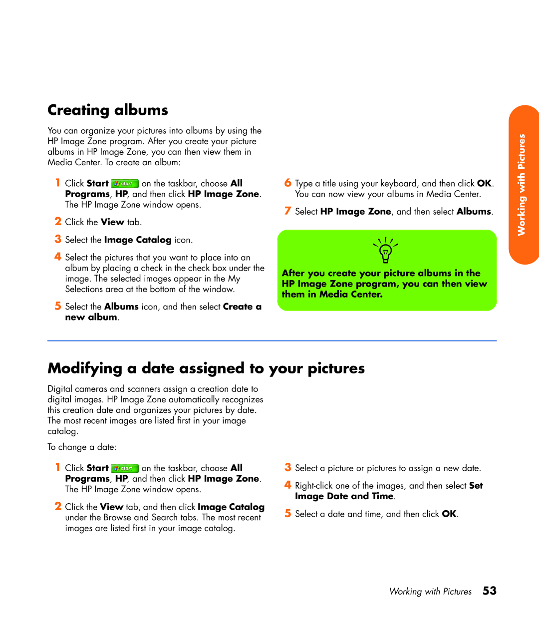 HP z558 manual Creating albums, Modifying a date assigned to your pictures 