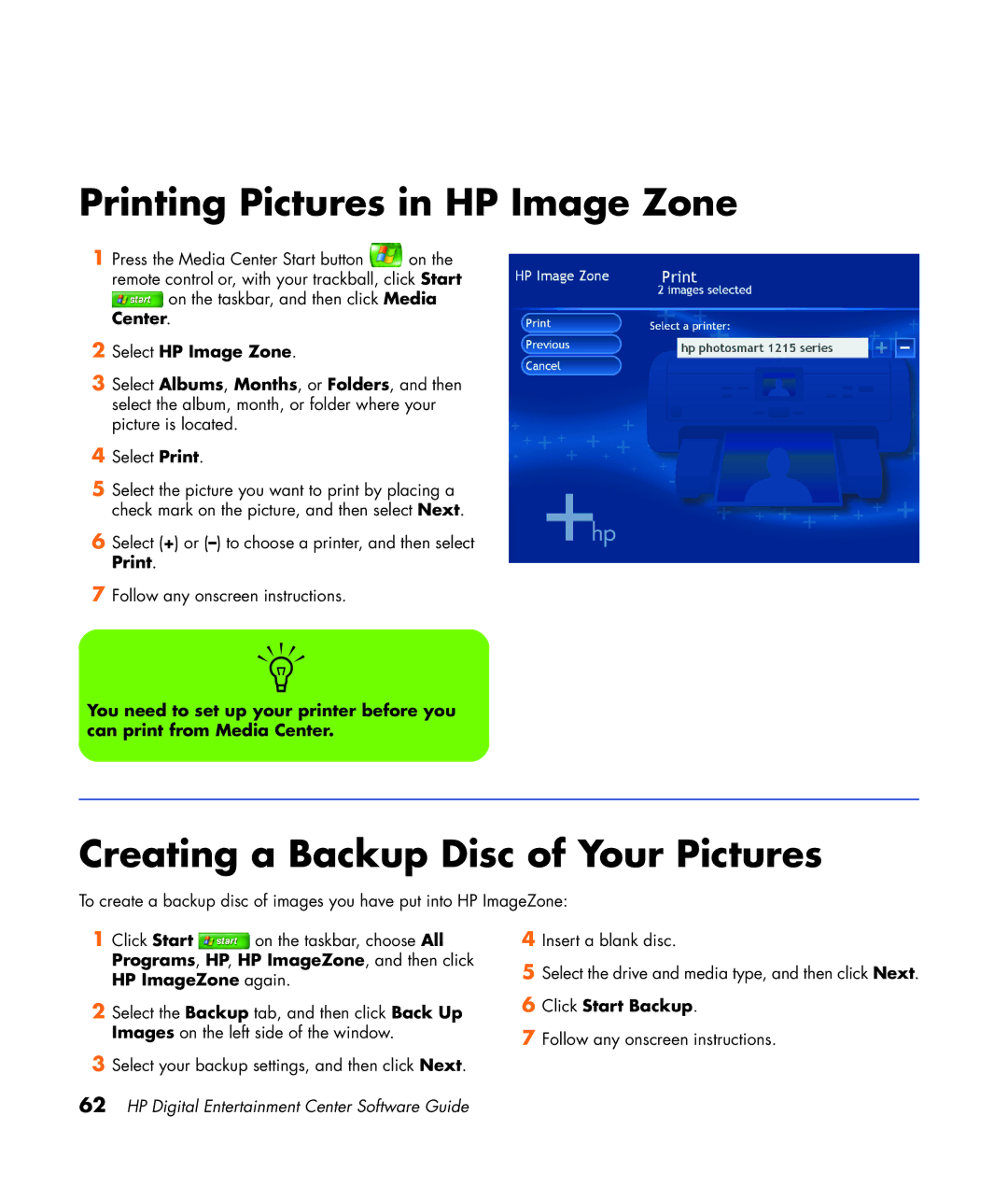 HP z558 manual Printing Pictures in HP Image Zone, Creating a Backup Disc of Your Pictures, Click Start Backup 