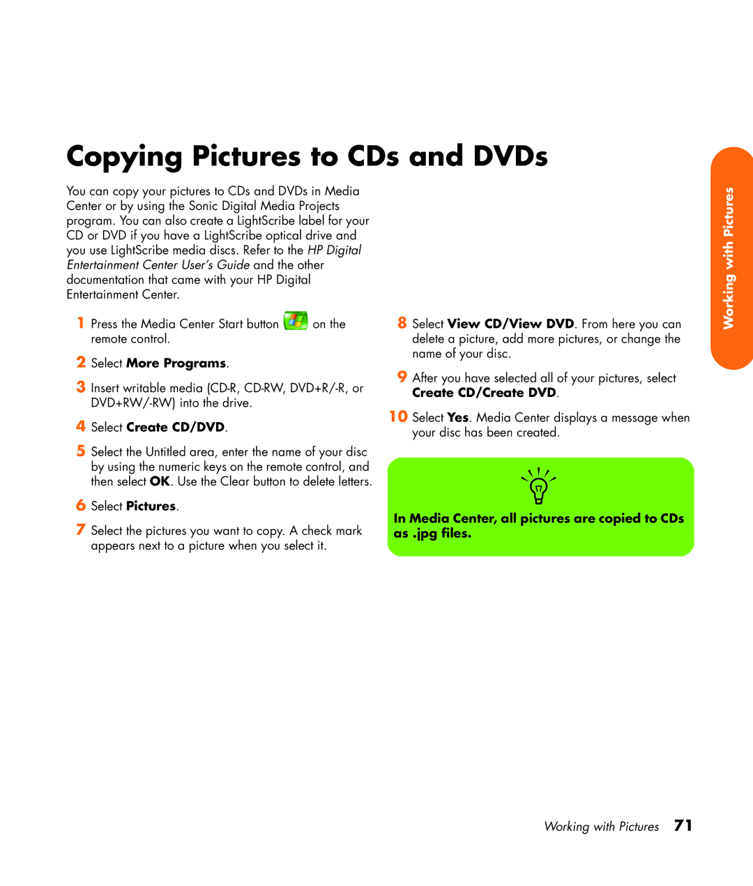 HP z558 manual Copying Pictures to CDs and DVDs, Media Center, all pictures are copied to CDs as .jpg files 