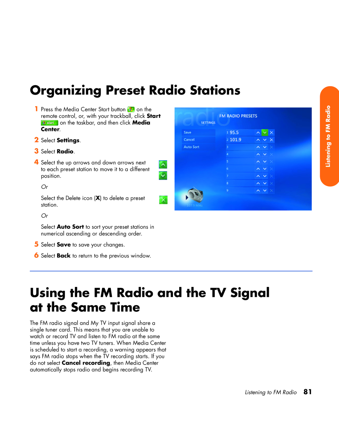 HP z558 manual Organizing Preset Radio Stations, Using the FM Radio and the TV Signal at the Same Time 