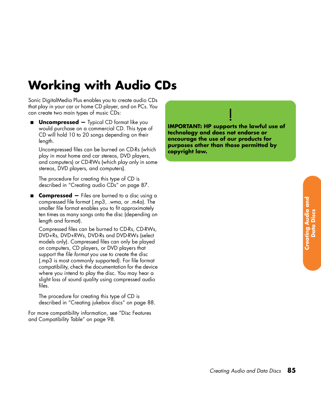 HP z558 manual Working with Audio CDs 