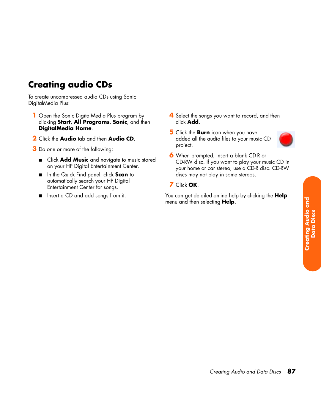 HP z558 manual Creating audio CDs 