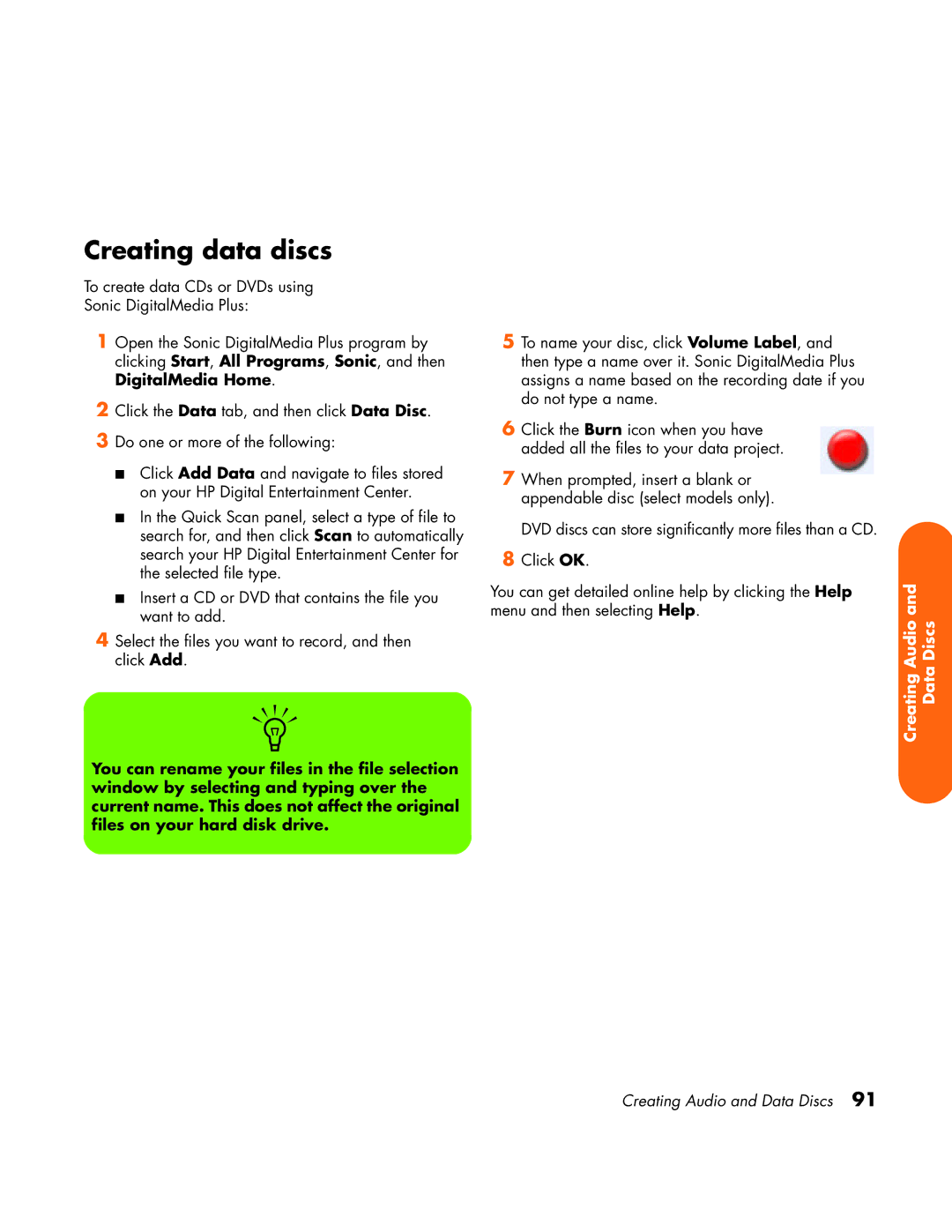 HP z558 manual Creating data discs 