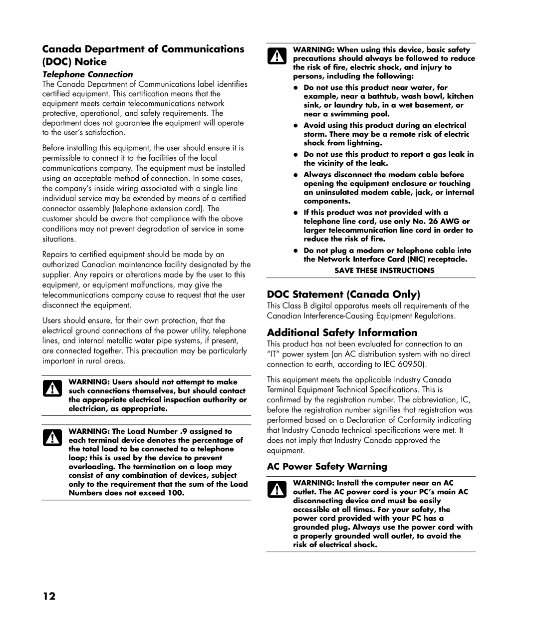 HP z565, z560 manual Canada Department of Communications DOC Notice, AC Power Safety Warning 