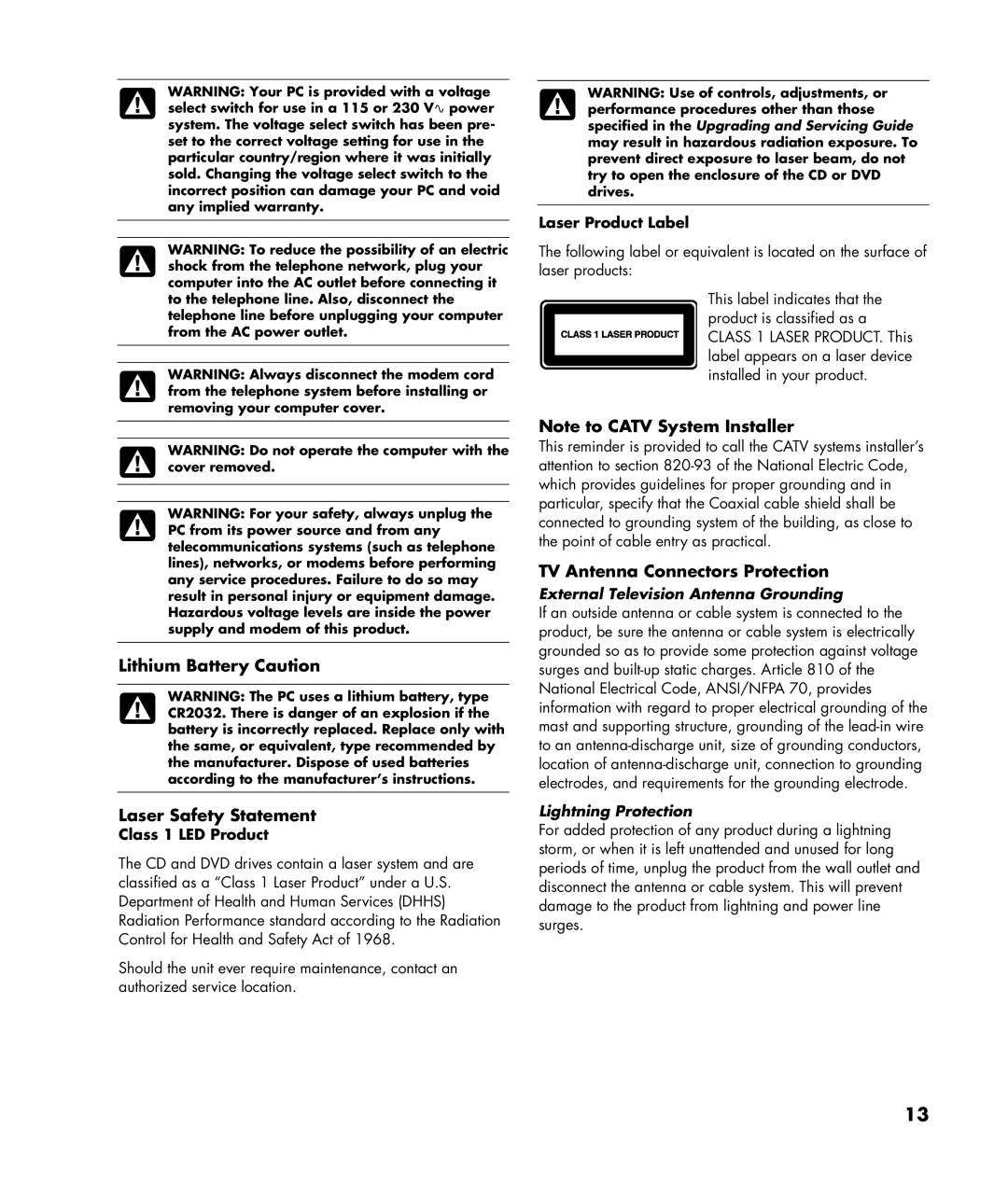 HP z560, z565 manual Lithium Battery Caution Laser Safety Statement, TV Antenna Connectors Protection, Class 1 LED Product 