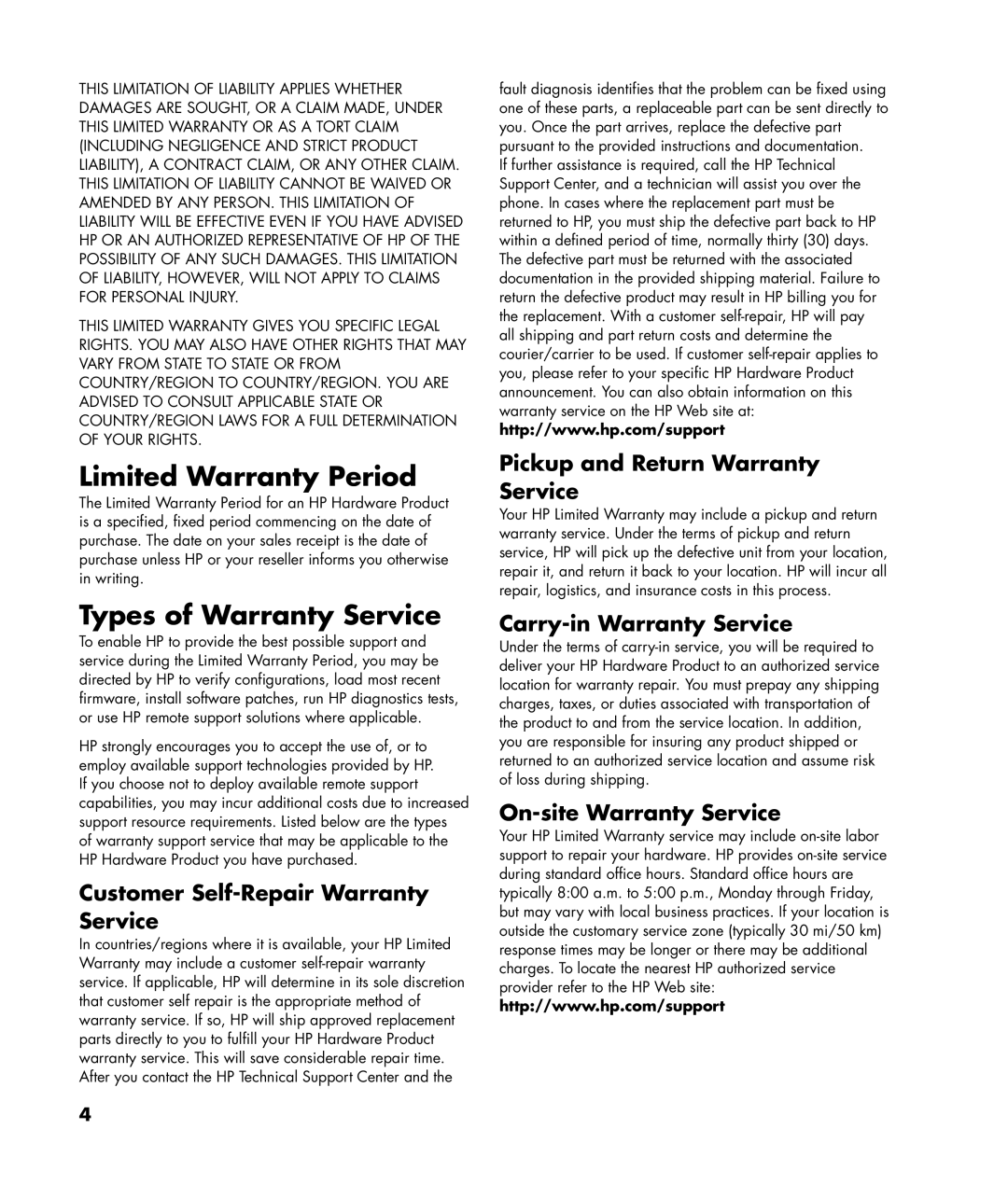 HP z565, z560 manual Limited Warranty Period, Types of Warranty Service 