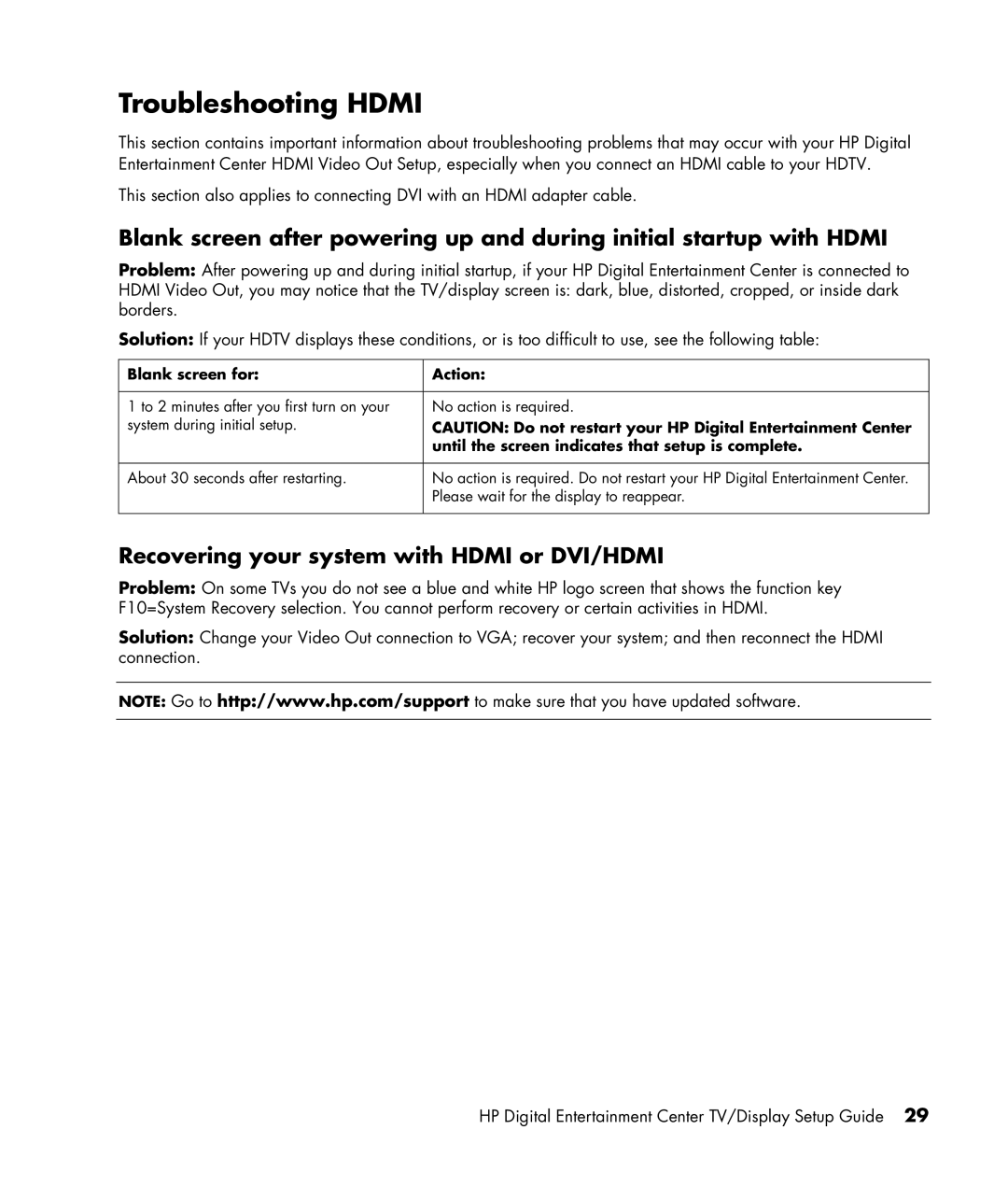 HP z560, z565 manual Troubleshooting Hdmi, Recovering your system with Hdmi or DVI/HDMI, Blank screen for Action 