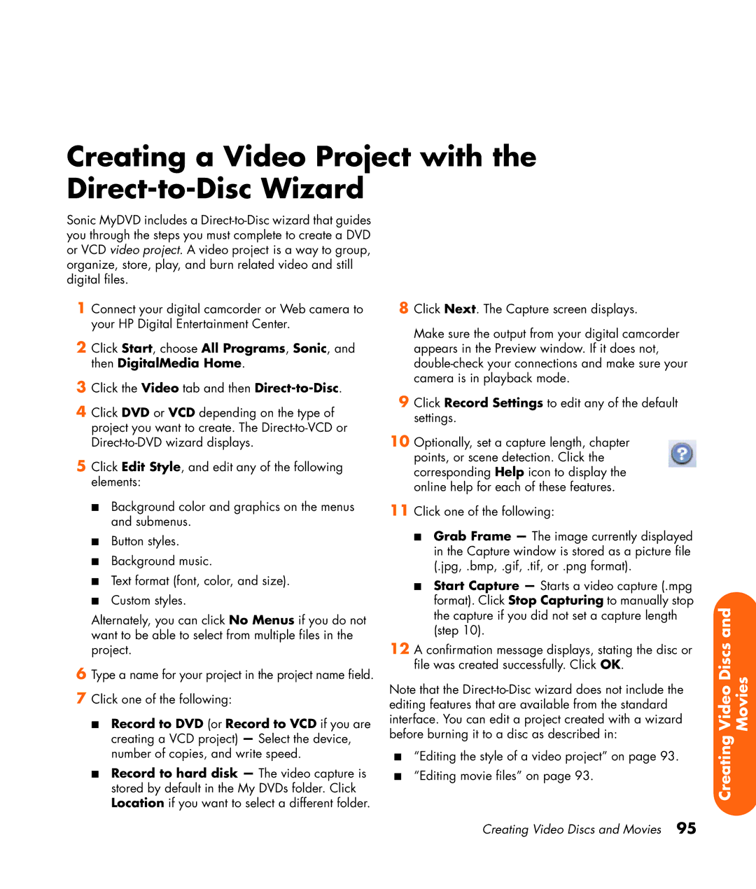 HP z565 manual Creating a Video Project with the Direct-to-Disc Wizard 