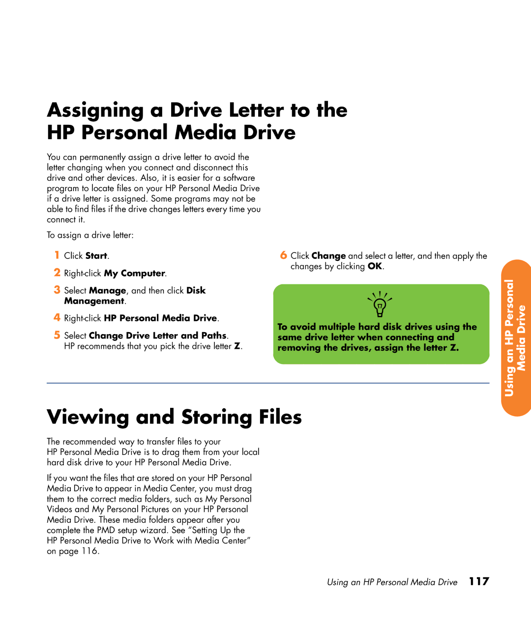 HP z565 manual Assigning a Drive Letter to the HP Personal Media Drive, Viewing and Storing Files 