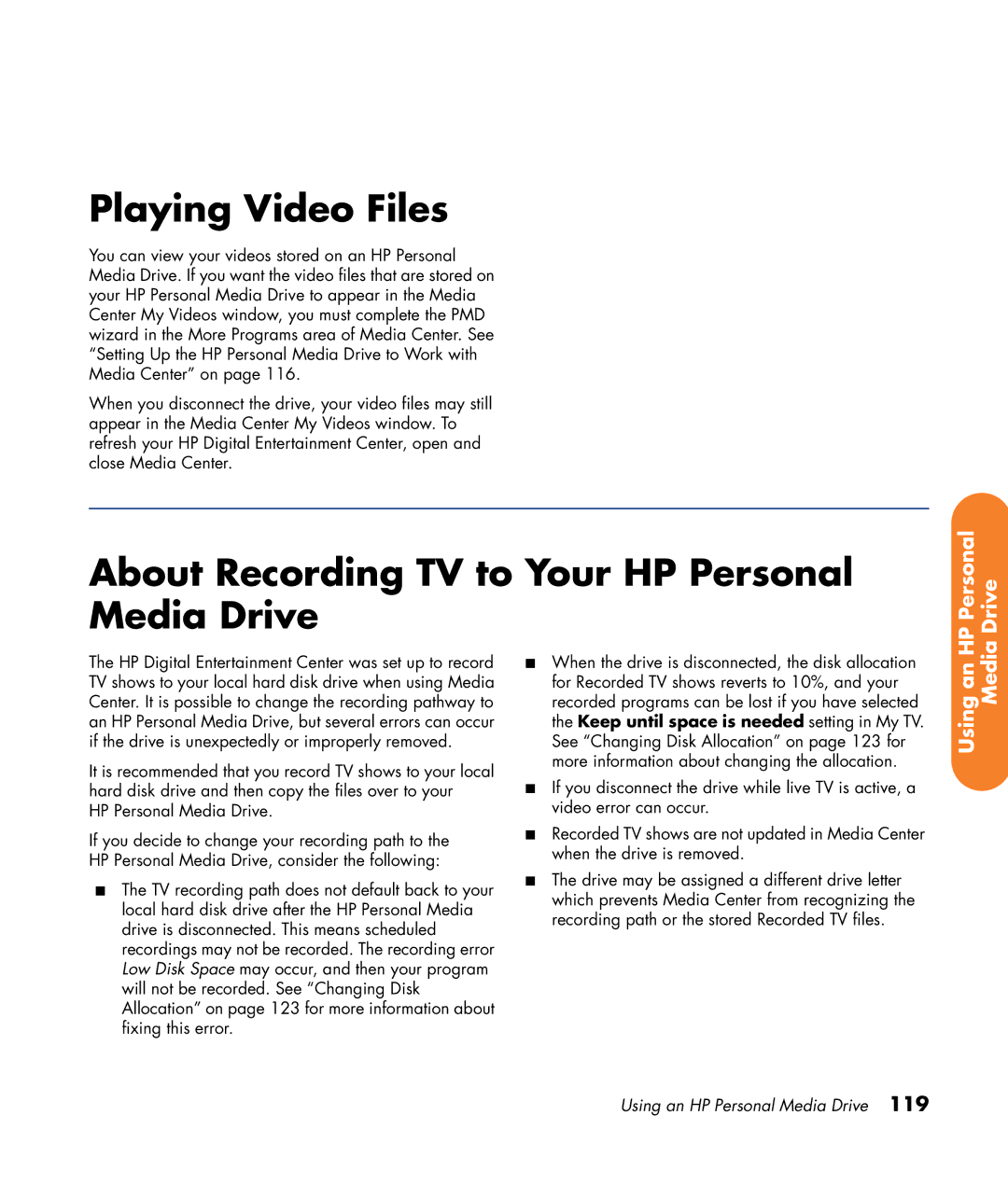 HP z565 manual Playing Video Files, About Recording TV to Your HP Personal Media Drive 