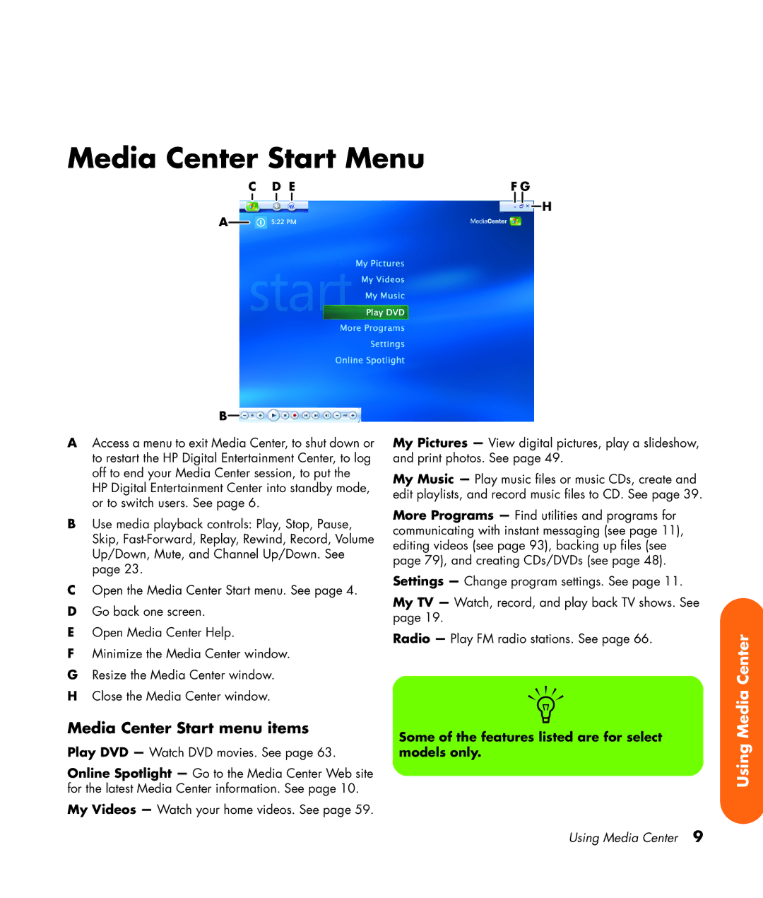 HP z565 manual Media Center Start Menu, Some of the features listed are for select models only 